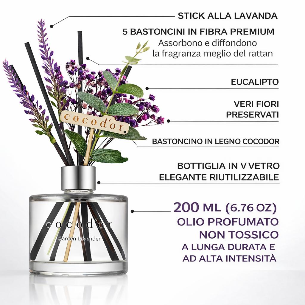 Cocodor April Breeze Diffusore a Bastoncini 200 ml – Profumatore per Ambiente Floreale con Bacche Dolci, Note Polverose e Fiori Decorativi Lavanda/Gypsophila - immagine 9